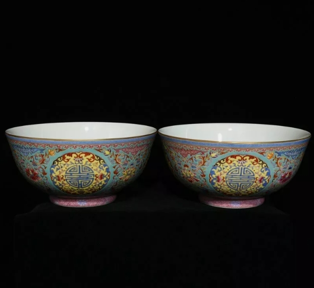 Pair of Colored Enamel Porcelain Flower Cups and Tea Bowls - S+